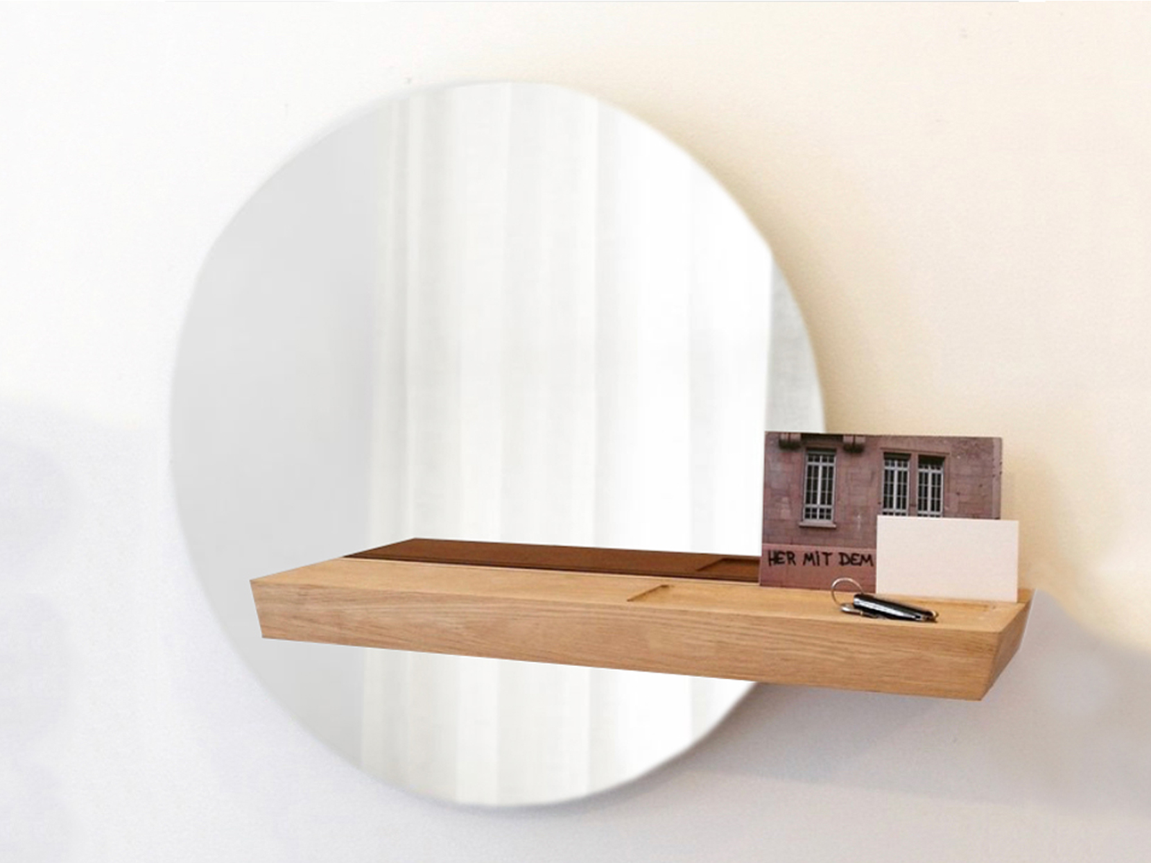 Minimal round mirror design with oak wood shelf