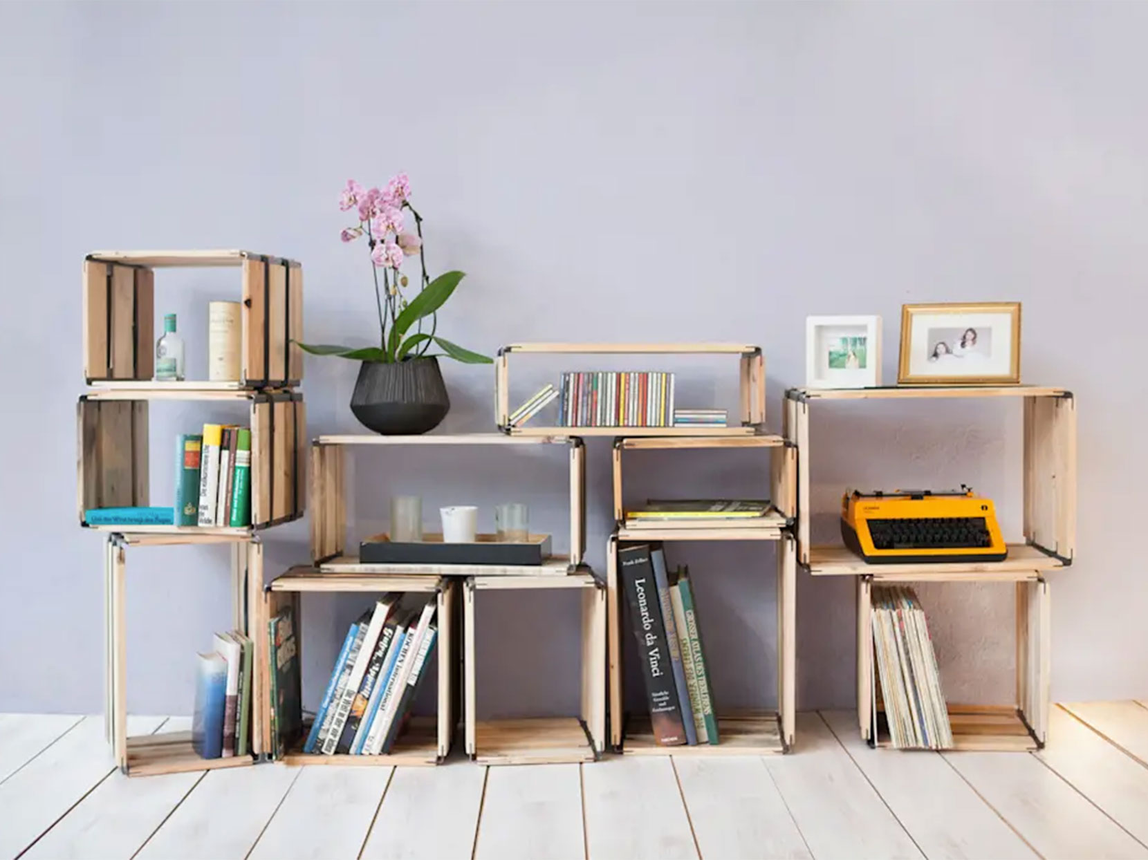 Reditum wooden shelving system with reclaimed wood crates