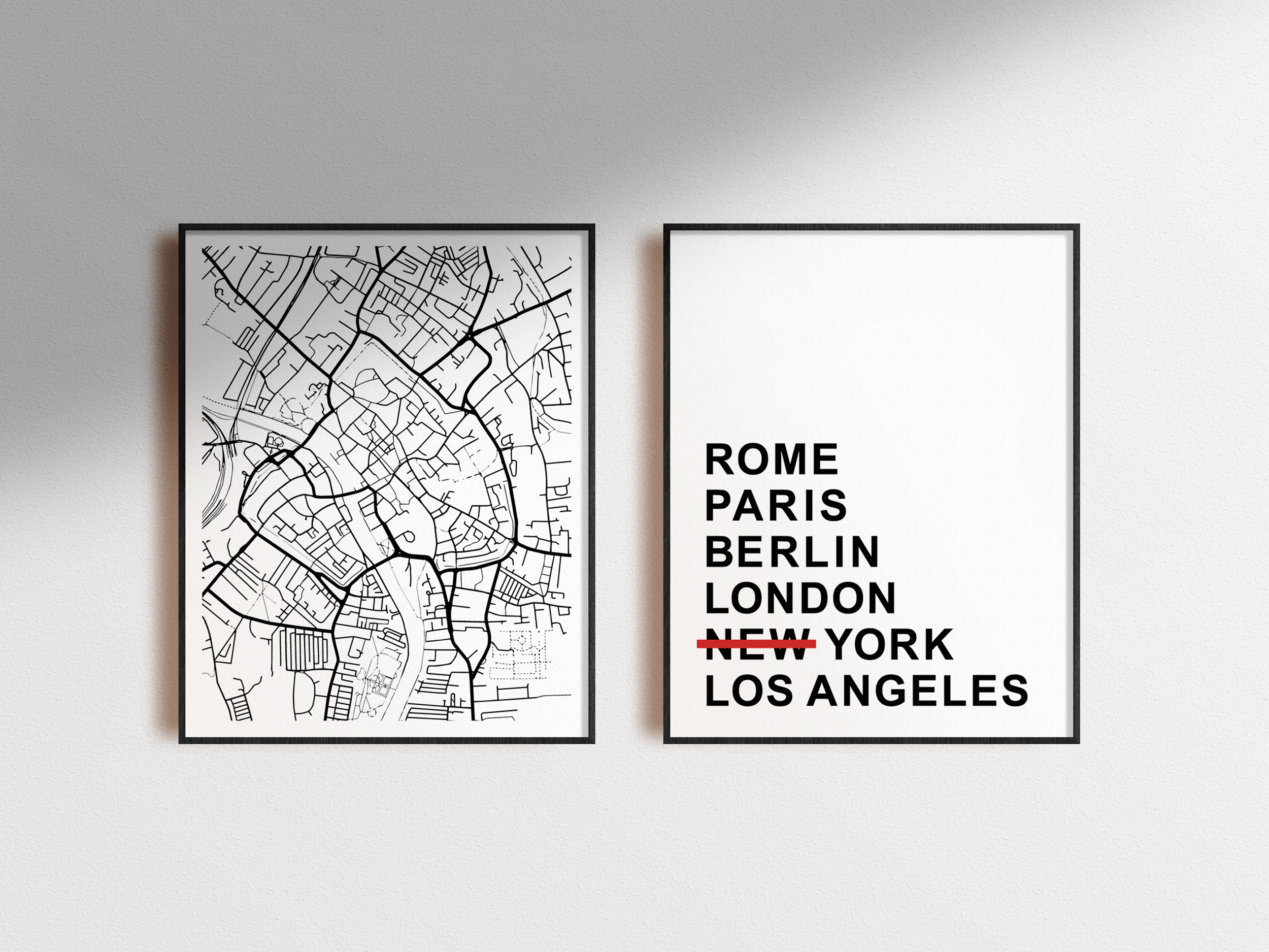 Minimal poster with map of York in the UK in black frame hung on wall